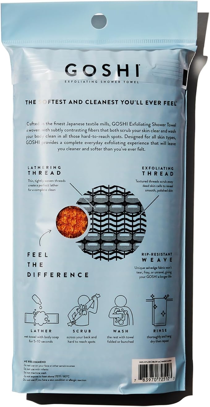 GOSHI Exfoliating Shower Towel - Rip-Resistant Exfoliating Washcloth for All Skin Types - Marigold Yellow - Made in Japan