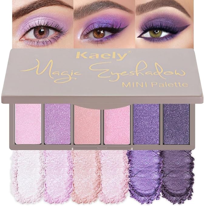 evpct 6 Colors Lavender Purple Pink Eyeshadow Palette, Light Nude Baby Pink Dark Violet Lavender Lilac Purple Glitter Shimmer Sparkle High Pigment Mini Travel Eye Shadow Palette Makeup for Older Women