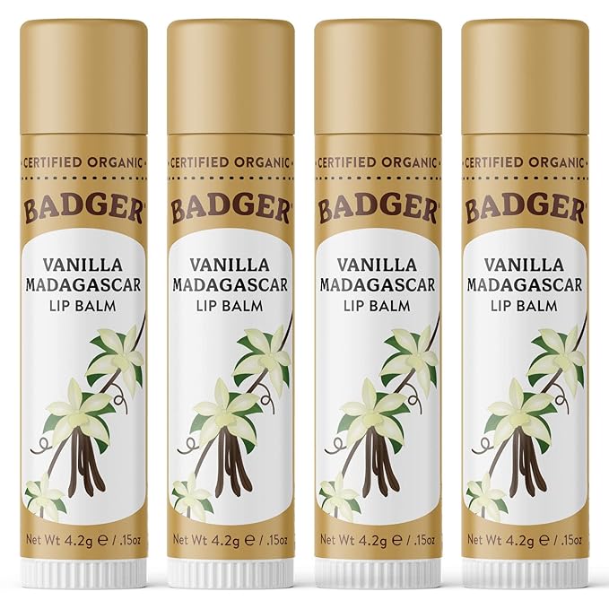 Badger - Classic Lip Balm, Vanilla Madagascar, Made with Organic Olive Oil, Beeswax & Rosemary, Certified Organic, Moisturizing Lip Balm, 0.15 oz (4 Pack)