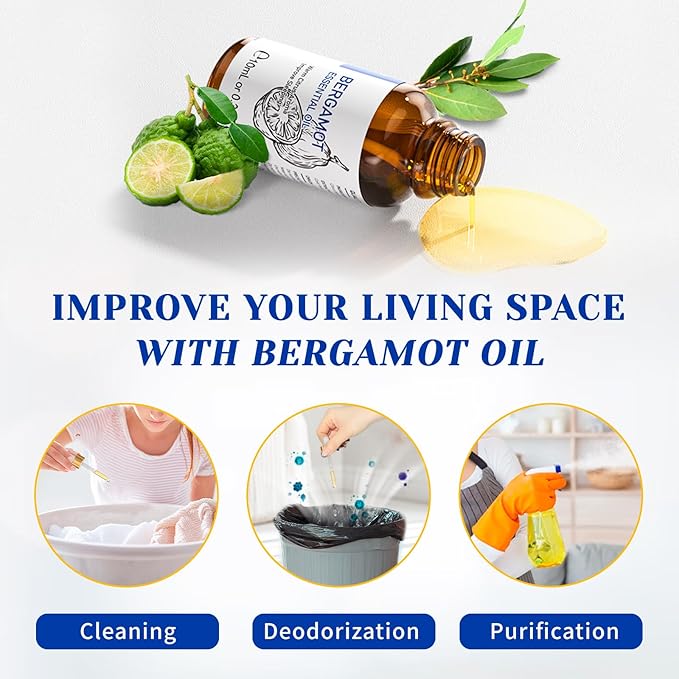 HIQILI Bergamot Essential Oil for Diffuser, Skin, Hair, DIY, 100% Pure & Natural, Travel Size - 0.33 Fl Oz (10 mL)