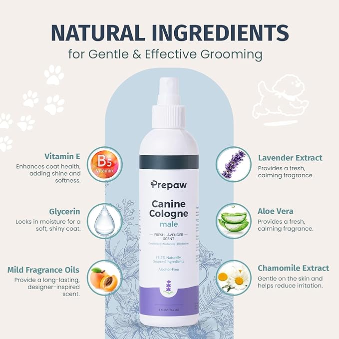 Luxury Male Pet Cologne - Fresh Lavender Scent, 3-in-1 Formula Conditions & Moisturizes, Made with 94% Natural Ingredients, Long Lasting Fragrance, Safe & Easy to Use | 8 fl oz