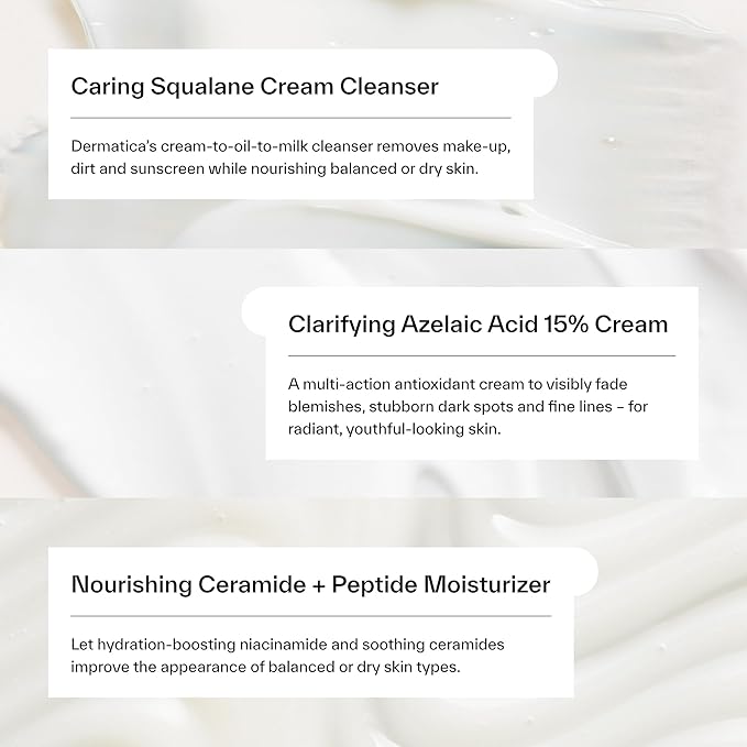 Dermatica Brightening & Barrier Repair Kit, Caring Squalane Cleanser (150ml), Clarifying Azelaic Acid 15% Cream (30ml), Nourishing Ceramide + Peptide Moisturiser (50ml)