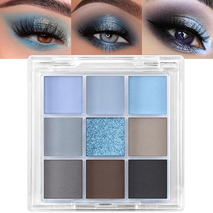 Erinde 9 Colors Eyeshadow Palette, Matte Shimmer Glitter Eye Shadow Palette Makeup, Highly Pigmented Long Lasting Waterproof, Natural Neutral Nude Eyeshadow Make Up Pallet, Blue