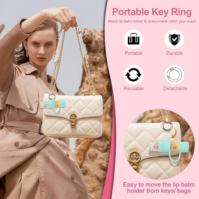 Desing Wish Silicone Lip Balm Holder with Cap Cover Portable Chapstick Holder Keychain Sleeve Lip Balm Key Chain with Key Ring and Wrist Strap Lanyard - Purple