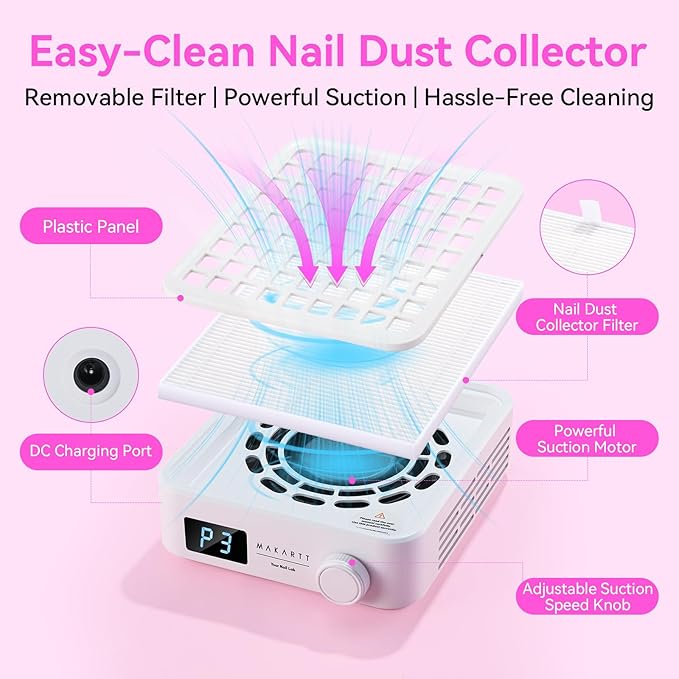 Makartt Professional Nail Dust Collector – Powerful Dust Collector Nail Tech Quite Suction Machine for Acrylic Nails Manicure & Pedicure Salon & Home Use Includes 10pcs Filters & Dust Brush