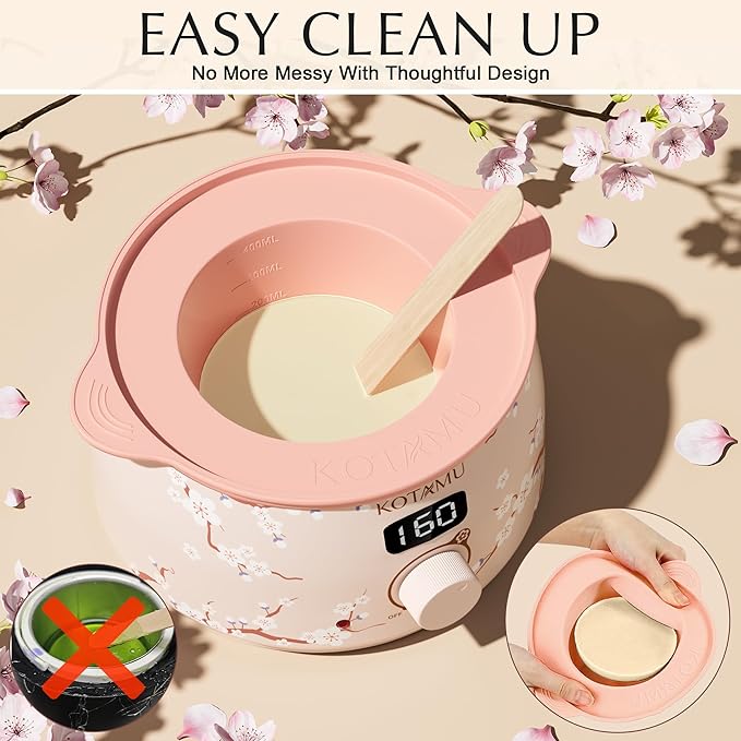 KOTAMU Waxing Kit for Women & Men, Wax Warmer for Hair Removal, Digital Wax Kit with Silicone Pot，Ideal for Face Eyebrow Arm Legs Armpit &Sensitive Skin, Cherry Waxing Machine for Home Salon Use