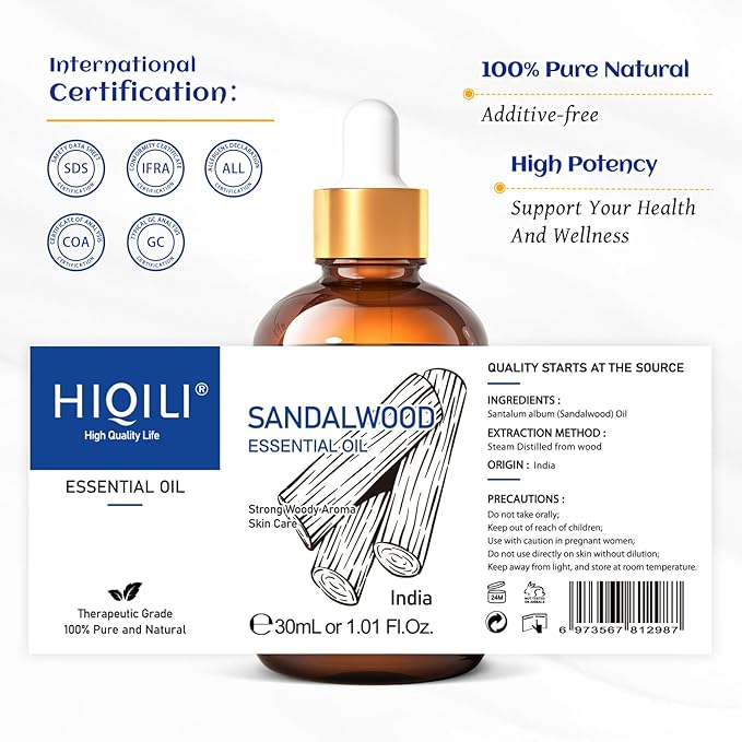 HIQILI Sandalwood Essential Oils 1 Fl Oz, 100% Pure Natural Therapeutic Grade for Skin, Diffuser, Perfume, Candle Soap Making, Includes Premium Quality Glass Dropper