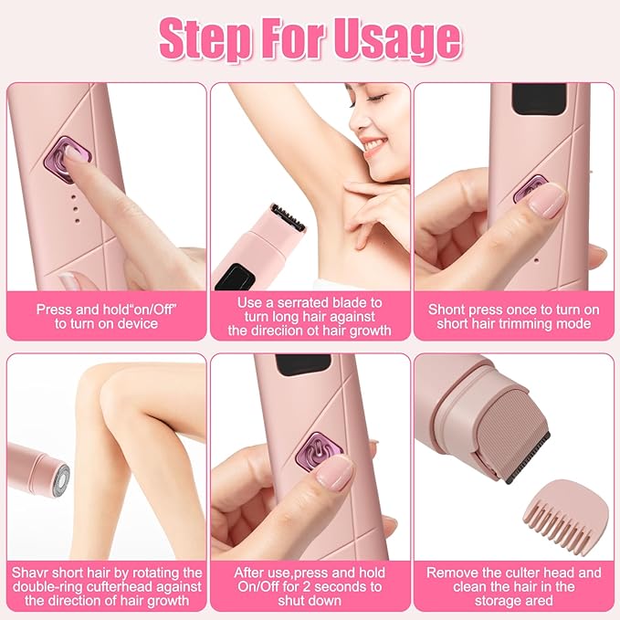Bikini Trimmer for Women - 2 in 1 Women Electric Shaver Dual Head IPX7 Waterproof Wet & Dry Use Body Hair Trimmer and Facial Hair Remover for Bikini Underarm Leg Arm Body Face, Pink