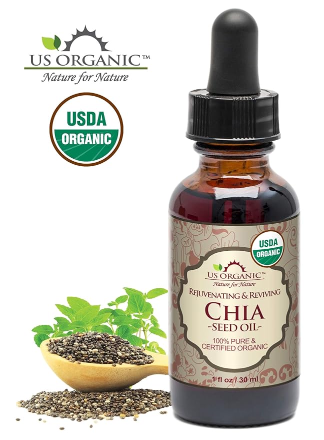 US Organic Chia Seed Oil, Certified Organic, Pure & Natural, Cold Pressed Virgin, Unrefined, Sourced from Paraguay, in Amber Glass Bottle w/Glass Eyedropper (1 oz (30 ml))