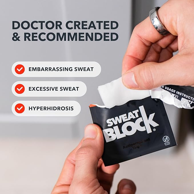 SweatBlock Clinical Strength Antiperspirant Wipes for Men and Women Excessive Sweat Protection Hyperhidrosis Treatment Stops Underarm Perspiration Up to 7 Days Includes 10 Individually Wrapped Wipes
