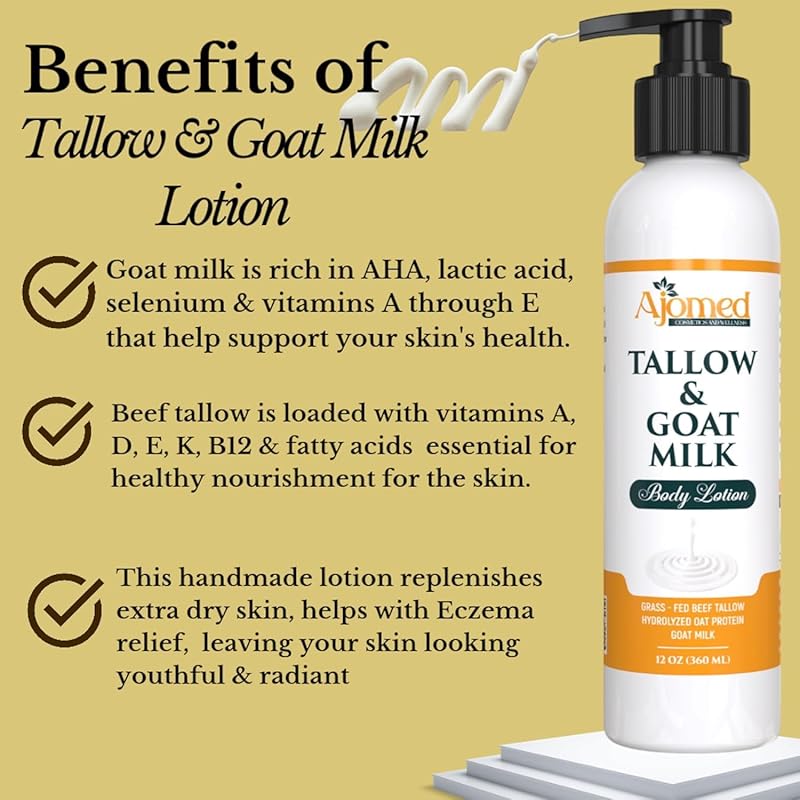 Grass Fed Beef Tallow & Goat Milk Body Lotion for Sensitive Skin, Organic Tallow Lotion - Soothes Dry Patches, Goat Milk Moisturizer - Handmade Tallow Body Lotion (Lavender Vanilla, 8 Oz)