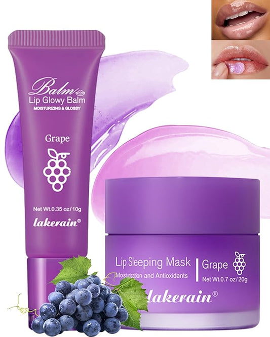 2Pcs Lip Glowy Balm & Lip Sleeping Mask Set,Hydrating Nourishing Repair Sleeping Lip Mask,Glossy Tinted Lip Balm,Day & Night Smooth Cracked Chapped Dry Lip,Lip Care Therapy Treatment for Women-04Grape