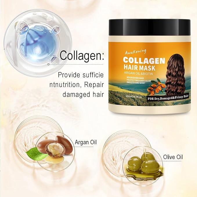 Hair Mask Deep Treatment Conditioner Collagen Protein Argan Oil Biotin Repair For Dry Damaged Frizzy Curly All Hair Types(16.9 Fl Oz/500ml) (collagen)
