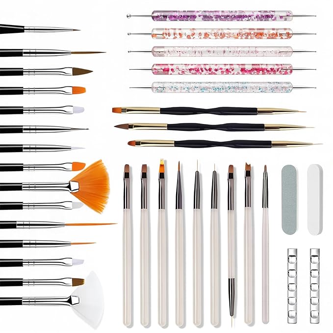 36Pcs Nail Art Brush Set, Acrylic Nail Brushes, Dotting Tools, Liner & Dust Brush, Drawing Pens For Gel Polish, sponge Polishing Rubs, Professional Nail Art Tools For Beginners & Salon Home Use