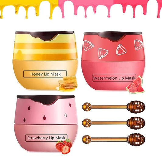 Bee Lip Balm Honey Pot,3 PCS Strawberry&Honey&Watermelon Lip Sleeping Mask,Hydrating Prevention Dry and Cracked Lip Scrubs Exfoliator Lip Care,Moisturizing Lip Mask Overnight Reduces Lip Lines