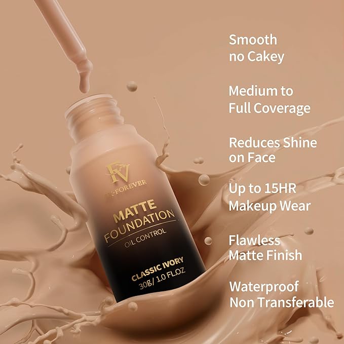 FV Full Coverage Liquid Foundation Makeup, Long Lasting Matte Foundation with Flawless Finish, Concealing & Minimizing Pores, Oil Control Waterproof for Oily Combination Skin, 1 Fl. Oz(Classic Ivory)