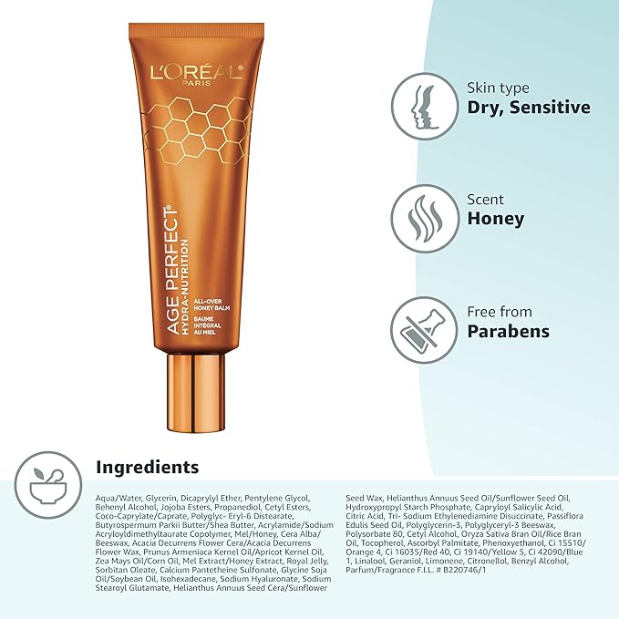 L'Oreal Paris Skincare Age Perfect Hydra-Nutrition All-Over Balm with Manuka Honey Extract and Nurturing Oils, to Soothe and Rescue Dry Skin, Paraben Free, 1.7 oz.