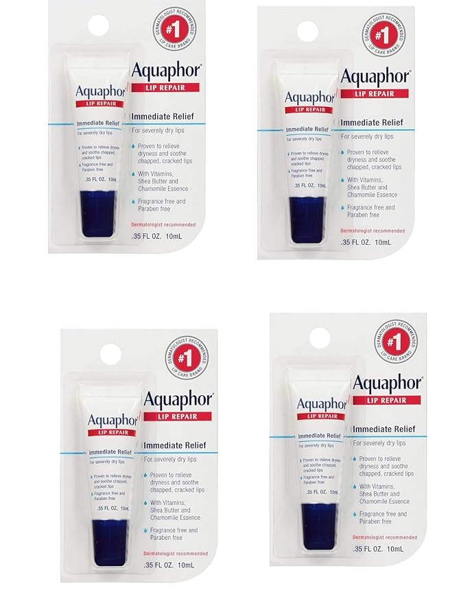 Aquaphor Lip Repair Ointment - Long-lasting Moisture to Soothe Dry Chapped Lips - .35 fl. oz Tube, 4 Pack