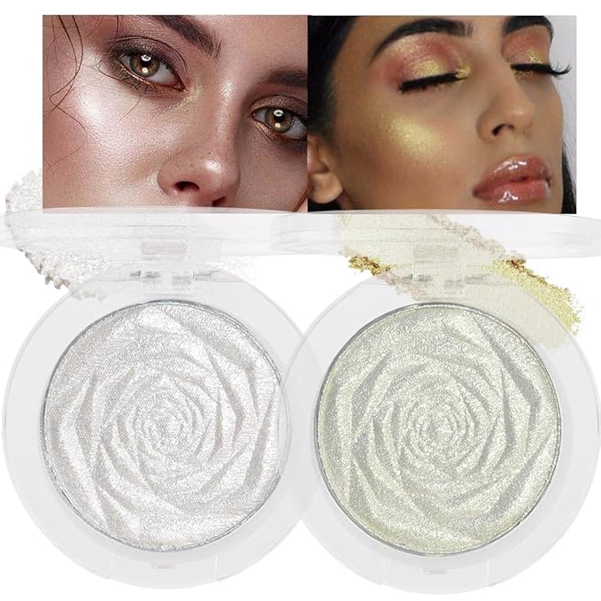 evpct Pearl White & Blonde Gold Face Highlighter Makeup Shimmer Glitter Diamond Sparkly Highlighters Makeup Palette Powder for Face Body Cheek iluminadores iluminador de jos maquillaje luminizers 1+2