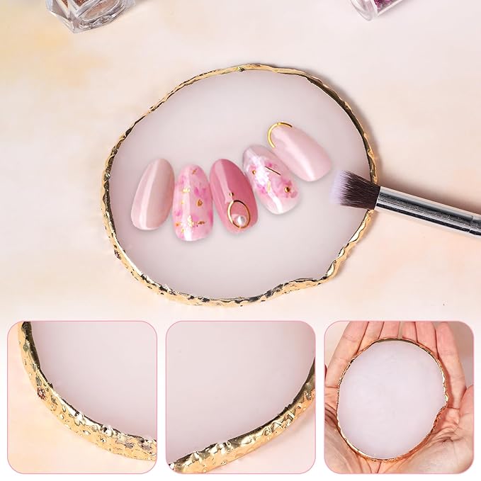 2pcs Resin Nail Art Palette Nail Painting Mixed Color Palette Gold Edge Round Makeup Holder Heart Shape Nail Polish Plate Cosmetic Mixing Tools Nail Gel Display Board