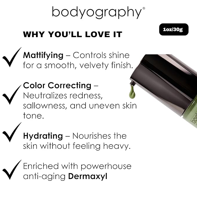 BODYOGRAPHY - Foundation Primer (Green): Flawless Anti-Aging Salon Makeup Primer w/Vitamin E, A, Jojoba, Grapeseed Oil | Control Shine | Gluten-Free, Cruelty-Free, 1 oz.