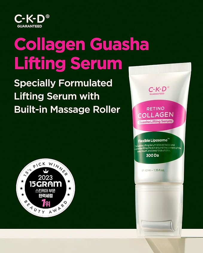 CKD Gua Sha Face Serum - Retinol Collagen Lifting Serum for Firming, Tightening, and Instant Face Lifting. Wrinkle Reduction with Massage Roller. Korean Skin Care. 1.35 fl oz