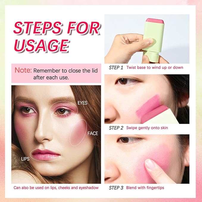 Cream Red Blush Stick,Multi-Use Makeup Milk Blush Stick,Long Lasting Natural Blush Makeup 2-in-1 Cheek and Lip Tint,Waterproof Vegan Tinted Moisturizer Matte Blush Stick for Cheeks and Lip