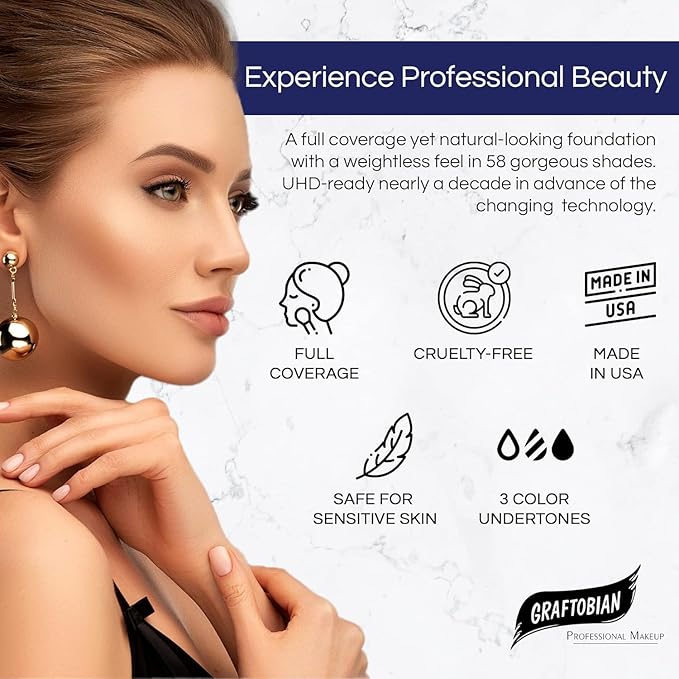 Graftobian HD Glamour Crème Foundation 1/2oz, Weightless Full Coverage Makeup, 65 Inclusive Shades, For All Skin Types, Natural or Full-Glam Looks, For Professionals and Beginners (First Light)