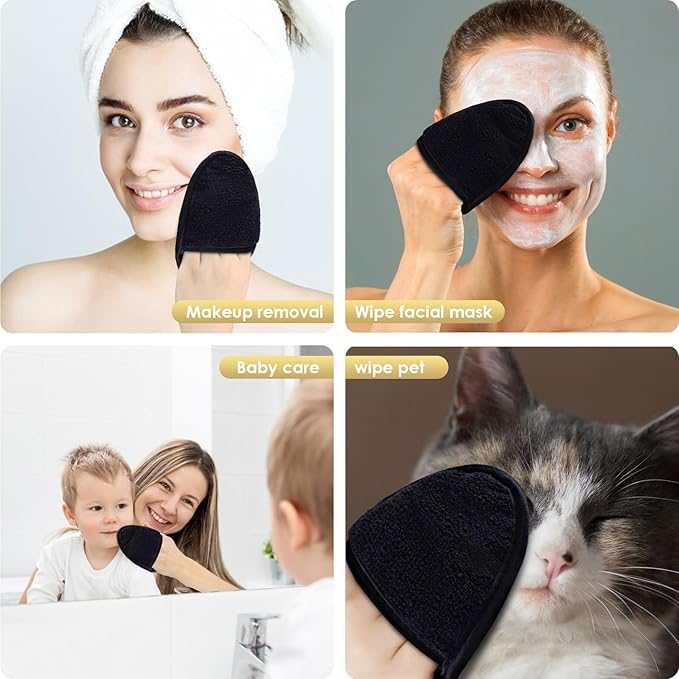 SINLAND Reusable Makeup Remover Pads For Face,Eye,Lips Microfiber Gentle Facial Cleansing Cloths for All Skin Types Friendly for Makeup Remover With Laundry Bag Black Pack of 12