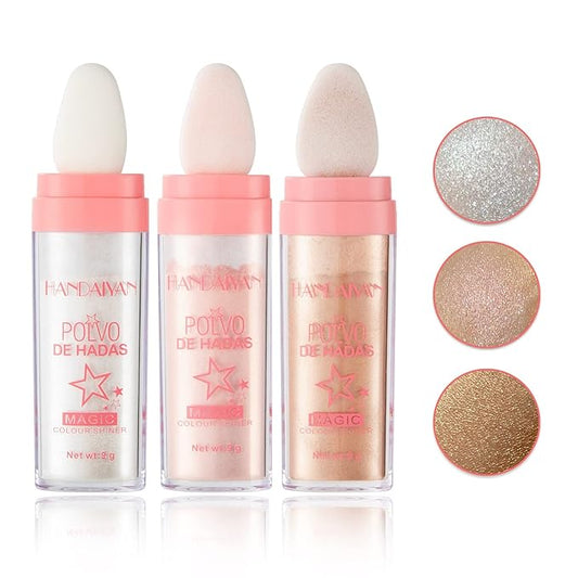 3PCS Polvo De Hadas Highlighter Glitter Stick Body Glitter Shimmer Face Brightening Highlighter Contour Powder Makeup Stick Face Fairy Glitter Highlighter Makeup-White,Pink,Golden brown