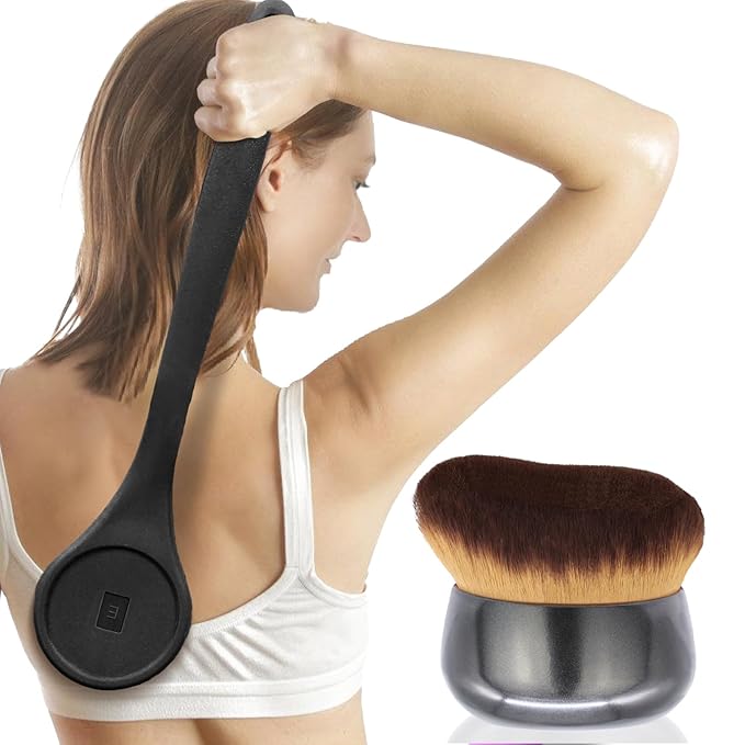 Extra Large Body Makeup Brush For Self Tanner, Sunscreen, Self Tan Back Applicator, Wide-Headed Kabuki Brush for Even& Pretty Lotion Application. Bronzer Blend, Long-Handle Face Leg Brush- Black Set