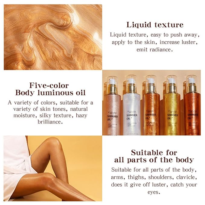 MAEPEOR Shimmer Body Luminizer 5 Colors Moisturizing Glow Illuminator Smooth and Non-sticky Summer Body Highlighter For Face & Body (80ML, 05 Rose Gold)