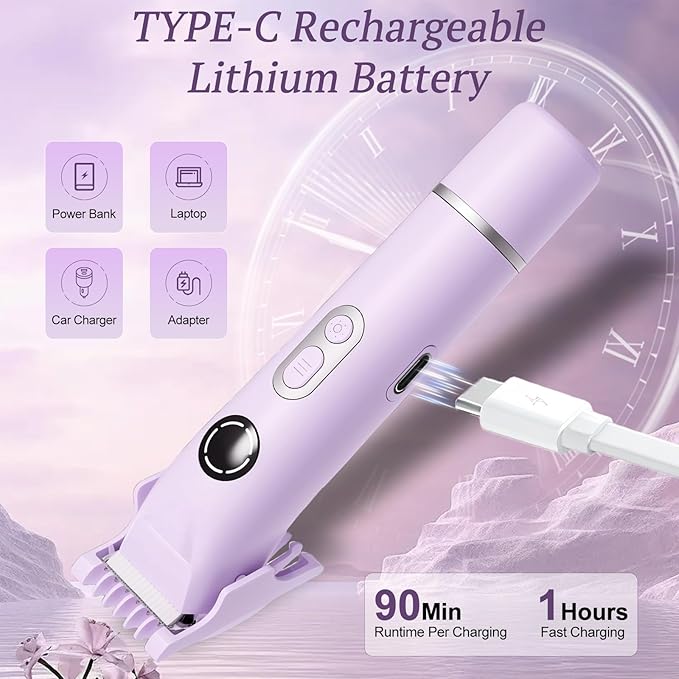 Bikini Trimmer for Women, 4 in 1 Wet/Dry Electric Razors for Women - Dual Head, Painless Rechargeable Portable Womens Razors for Shaving Set for Face, Nose, Eyebrows, Armpits, Bikini Area (Purple)