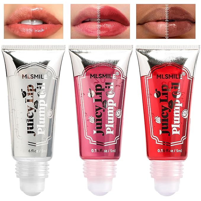 3Pcs Lip Plumper Gloss Set, Roll On Plumping Lip Oil Hydrating Glossy Lipstick Lip Care Serum Enhancer Nourishing Non-sticky High-Shine Lip Glass Mirror Glaze for Fuller Lips Mask Makeup-A