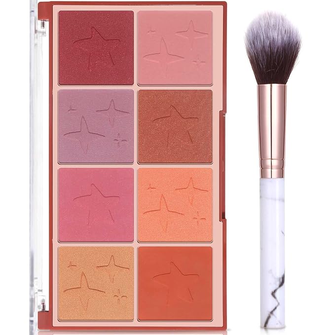 8 Colors Face Matte Blush Palette Shading Blusher with Brush - Buildable Facial Cheek Blusher Contour Bronzing Pressed Powder Makeup Pallet Women Gift Set (02 Shimmer Matte)