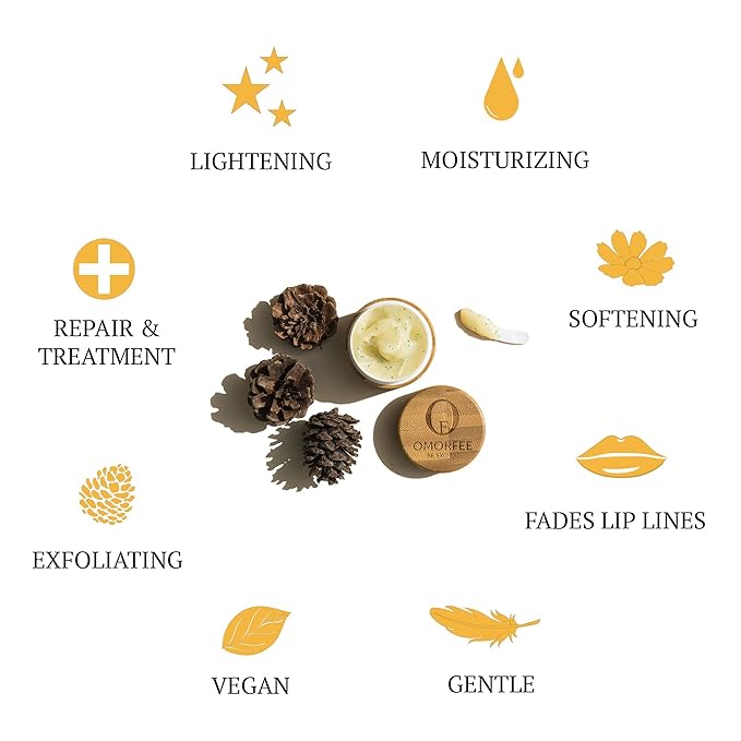 Omorfee 100% Organic Lip Lightening Scrub, Vegan Lip Exfoliator & Moisturizer, Gentle Overnight Lip Mask Treatment, With Kojic Acid, Vitamin E & Natural Beads for Dull, Dry & Dark Lips- 20g/0.70Oz