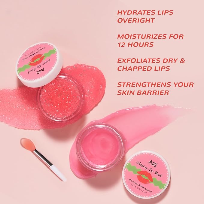 Lip Mask Set, Lip Scrub & Lip Butter, Overnight Lip Treatment Set Enriched With Skin Softening Ceramide & Watermelon and Hydrating Shea Butter, For A Softer & Smoother Pout