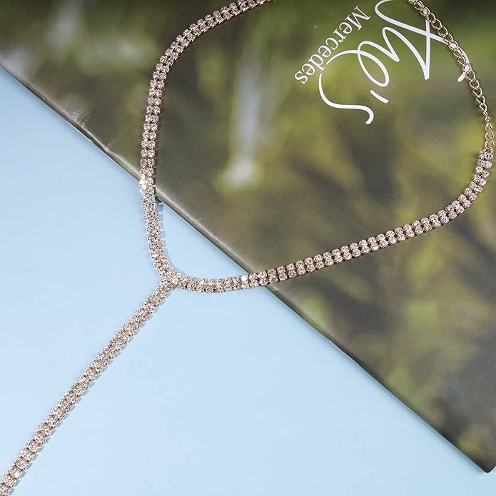 Boho Rhinestone Crystal Y Necklace Tennis Chain Y Lariat Necklace Long Gold CZ Drop Chain Necklace Sparkle Party Nightclub Necklace Chain Jewelry for Women and Girls