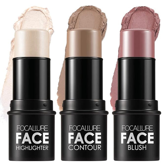FOCALLURE 3 Pcs Cream Contour Sticks,Shades with Highlighter & Bronzer & Blush,Non-greasy Long-wear Face Contouring Pen,Easy to Sculpt the Face and Create a Lightweight Finishing Makeup,LIGHT-SKIN