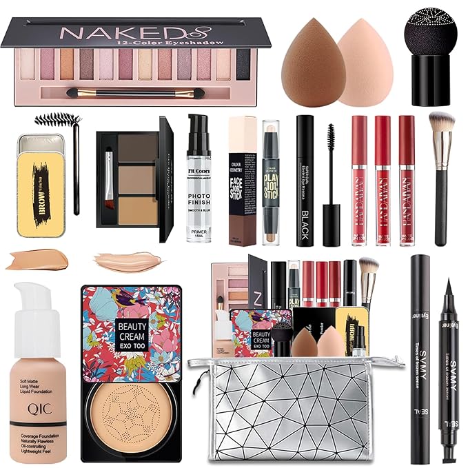 All in One Makeup Kit,Includes Naked Eyeshadow,Liquid Foundation,CC Cream,Lipstick Set,Mascara,Makeup Brush,Makeup Sponge,Eyebrow Powder,Eyebrow Soap,Eyeliner Stamp, Primer,Contour Stick,Cosmetic Bag