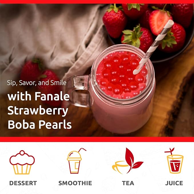 Fanale Strawberry Popping Boba Pearls, Vegan, Non GMO, Gluten Free, Fat Free, Perfect for Bubble Tea, Smoothies, Ice Cream, Desserts, and Beverages.
