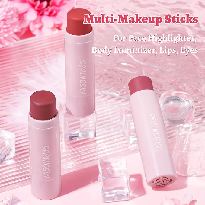 Face Stick Trio 3Pcs Multi-Use Makeup Blush Sticks, Buildable Blendable Lightweight Cream Blush Stick for Cheeks Make Up For Women 3-in-1 Blusher and Lip Makeup Sticks (04)