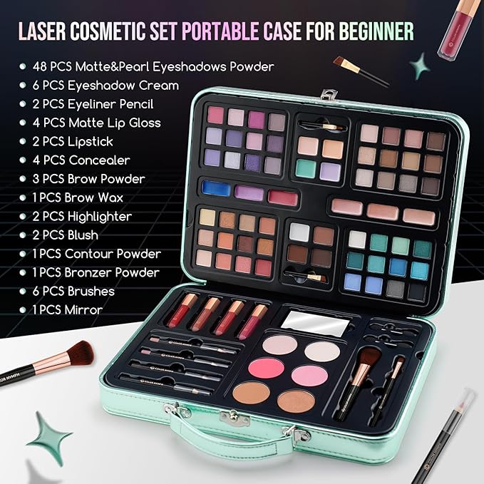 Color Nymph All in One Girls Makeup Sets for Any Ages, Teen Makeup Kits for Beginner with Green Case, Eyeshadow Palettes Blush Lipgloss Eyeliner, Cosmetics Gift Set for Birthday