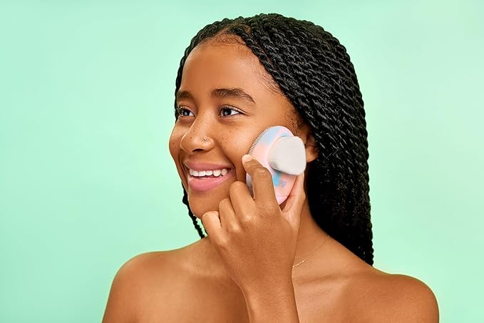 LOLLIPOP Dual-Sided Facial Cleansing Brush | Palm Size Silicone Face Exfoliator and Soft Fiber Cleanser | Manual Face Scrubber for Pores, Makeup Removal, Blackhead and Skincare Routine, Rainbow