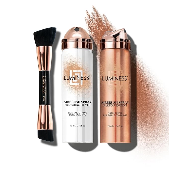 LUMINESS Airbrush Spray Silk Foundation Starter Kit - Light Deep - Foundation, Primer & Dual-Sided Angled Buffing Brush - Medium, Buildable Coverage, Anti-Aging Formula Hydrates & Moisturizes