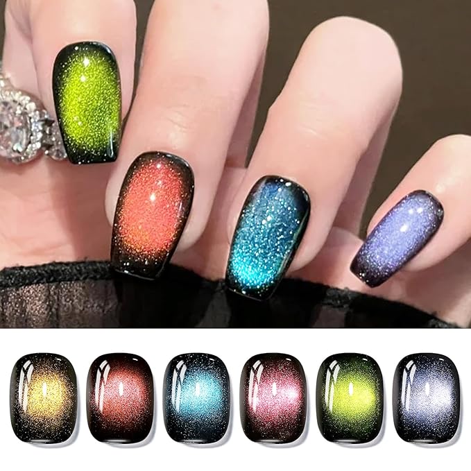 Born Pretty Magnetic Gel Nail Polish,Glitter Magnetic Gel Polish Shimmer Auroras Magnetic Gel Nail Art Manicure Kit 6PCS