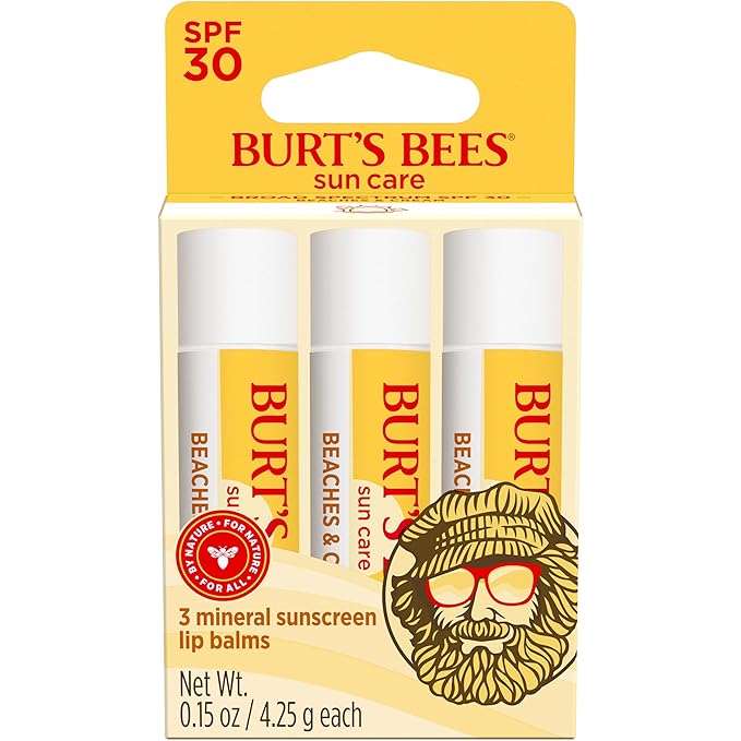 Burt’s Bees SPF 30 Lip Balm Mothers Day Gifts for Mom, Beaches and Cream, Water-Resistant Sun Care, Nano-Free Zinc Oxide Formula, Natural Origin Conditioning Lip Treatment, 3 Tubes, 0.15 oz.