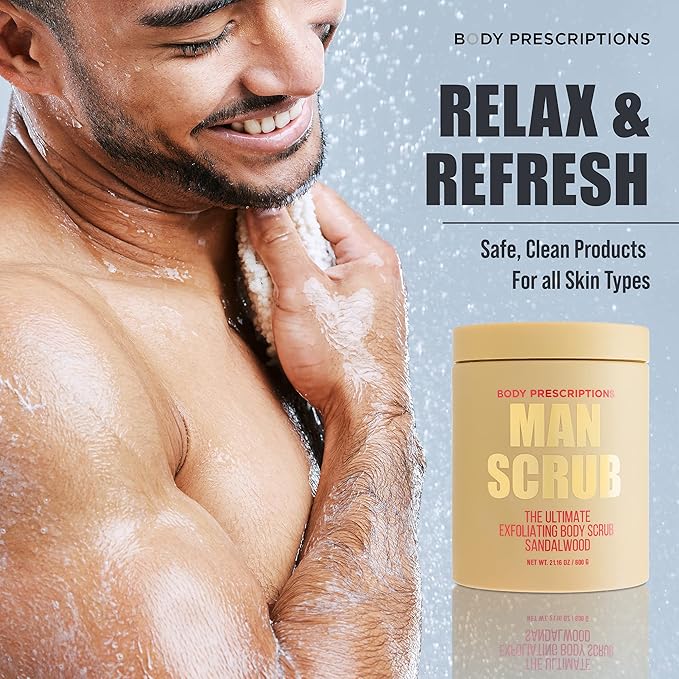 Body Prescriptions Men’s Exfoliating Body Scrub – Ultimate Skin Cleansing Wash in Jar with Twist-Top Lid, For All Skin Types, 21 Ounce (Pack of 2), Sandalwood
