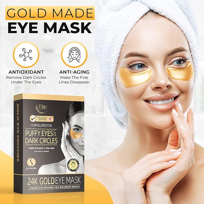 24k Gold Eye Mask - Under Eye Patches for Dark Circles, Puffiness, and Wrinkles - 20 Gold Eye Patches for Puffy Eyes with Collagen and Amino Acids for Intense Hydration and Firming