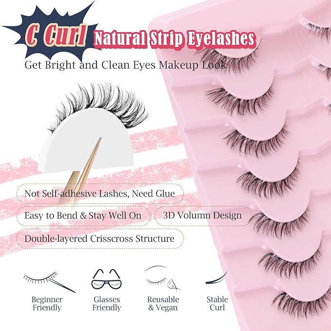 Cat Eyelashes Wispy False Eyelashes Natural 12mm Short Lashes with Thin Band Fake Eyelash 3D Volume Strip Lashes Siligli Eyelash Pack 7 Pair